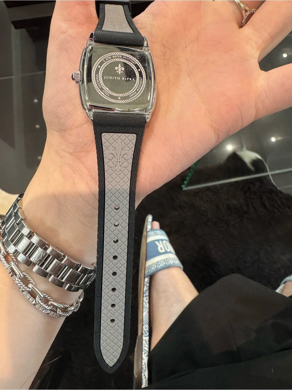 New Judith Ripka Stainless Steel Square Watch with Black Silicone Strap